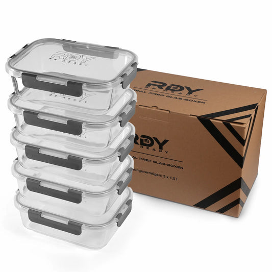 RDY® Meal Prep Glasboxen Set 5x 1500 ml – auslaufsichere Frischhaltedosen