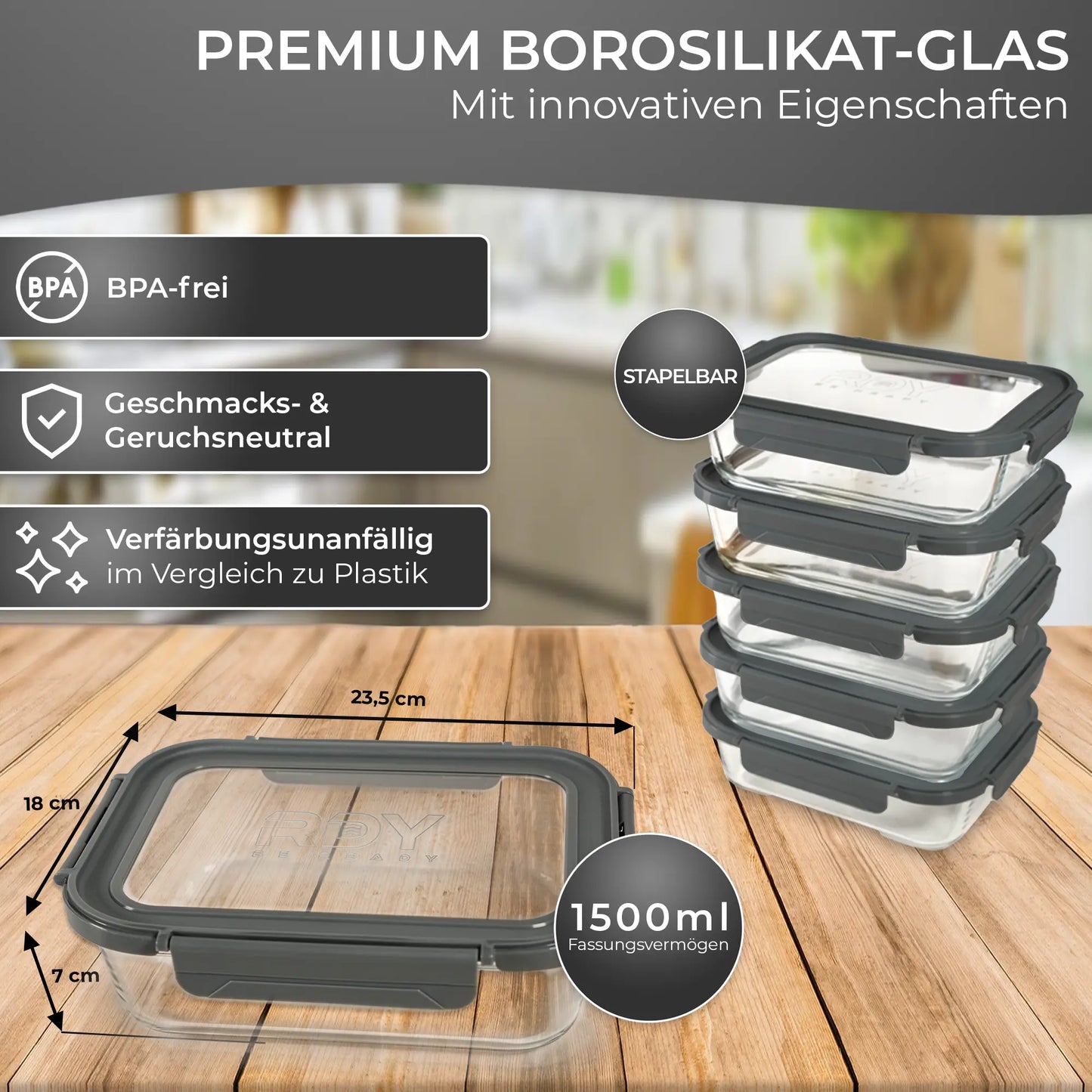 RDY® Meal Prep Glasboxen Set 5x 1500 ml – auslaufsichere Frischhaltedosen