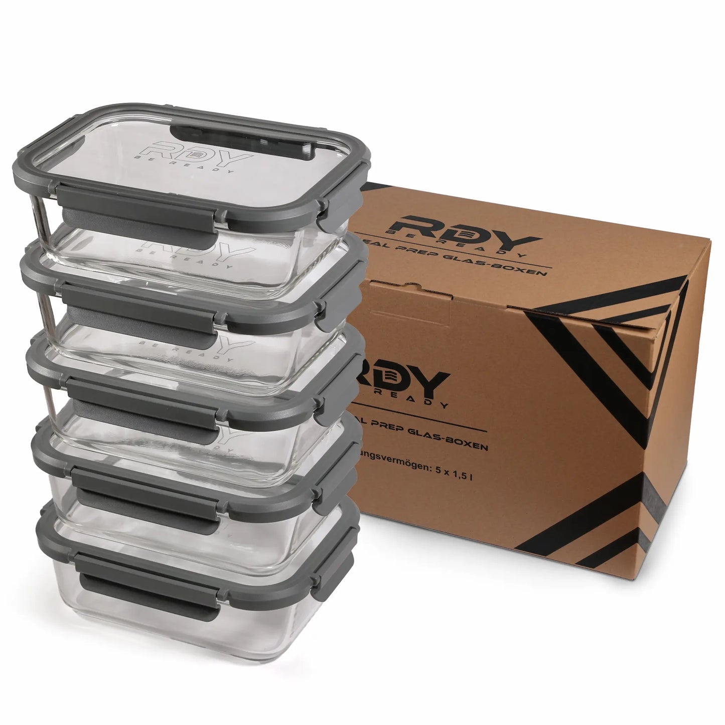 RDY® Meal Prep Glasboxen Set 5x 1500 ml – auslaufsichere Frischhaltedosen