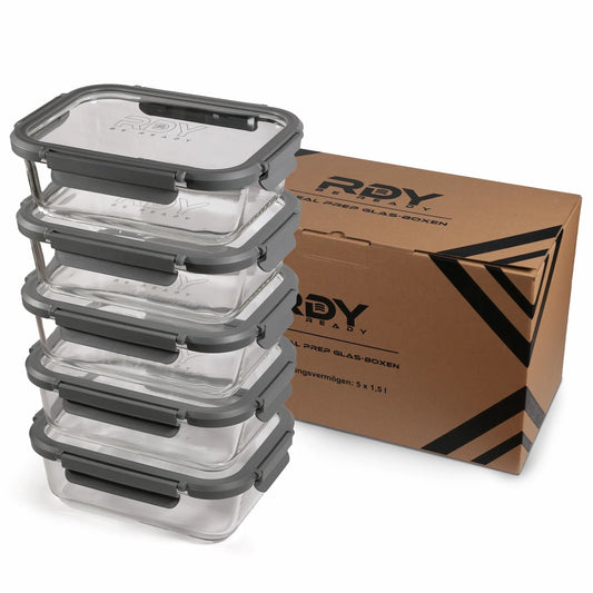 RDY® Meal Prep Glasboxen Set 5x 1500 ml – auslaufsichere Frischhaltedosen