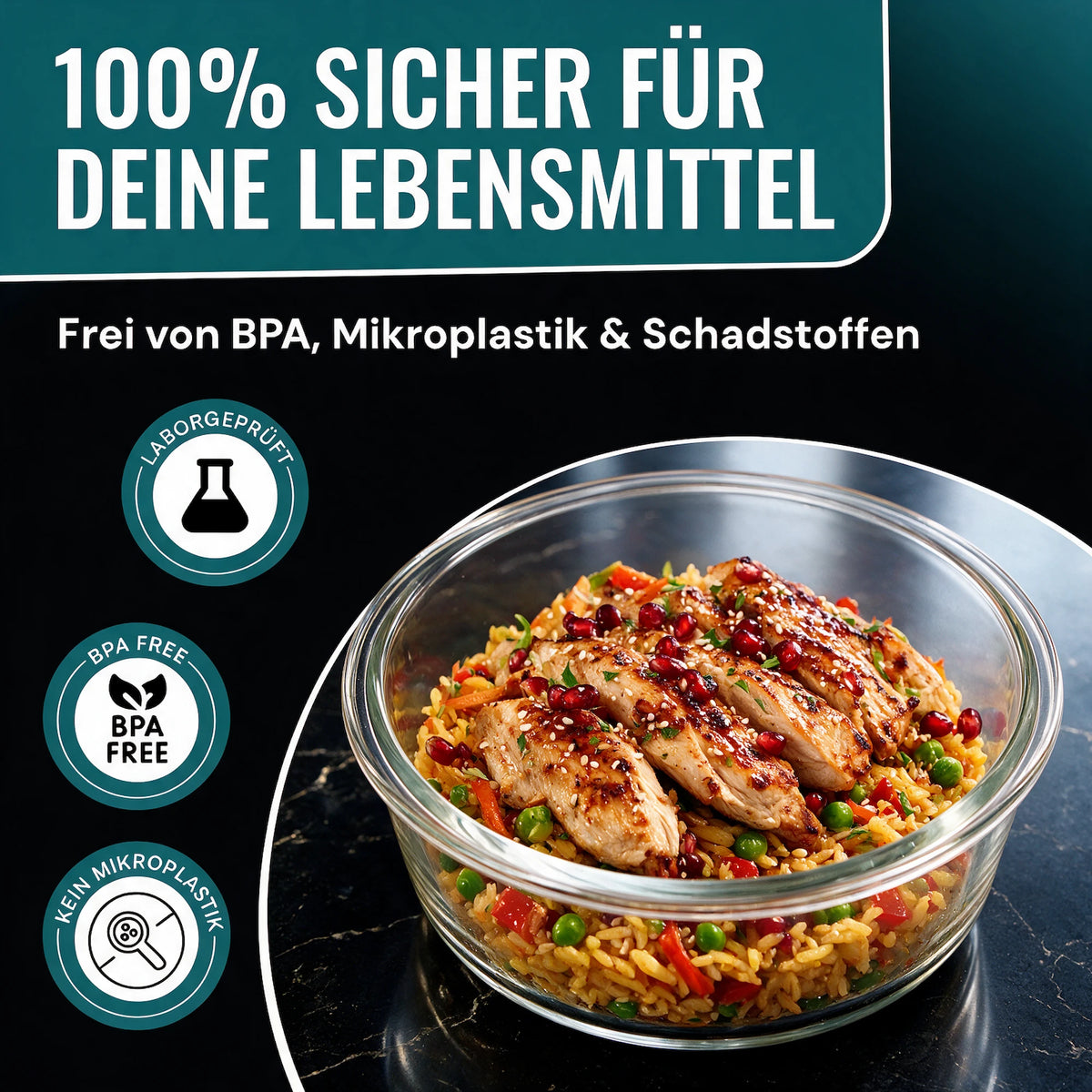 RDY® Meal Prep Boxen Glas 6er Set rund 3x 950 ml + 3x 400 ml – Glasdeckel