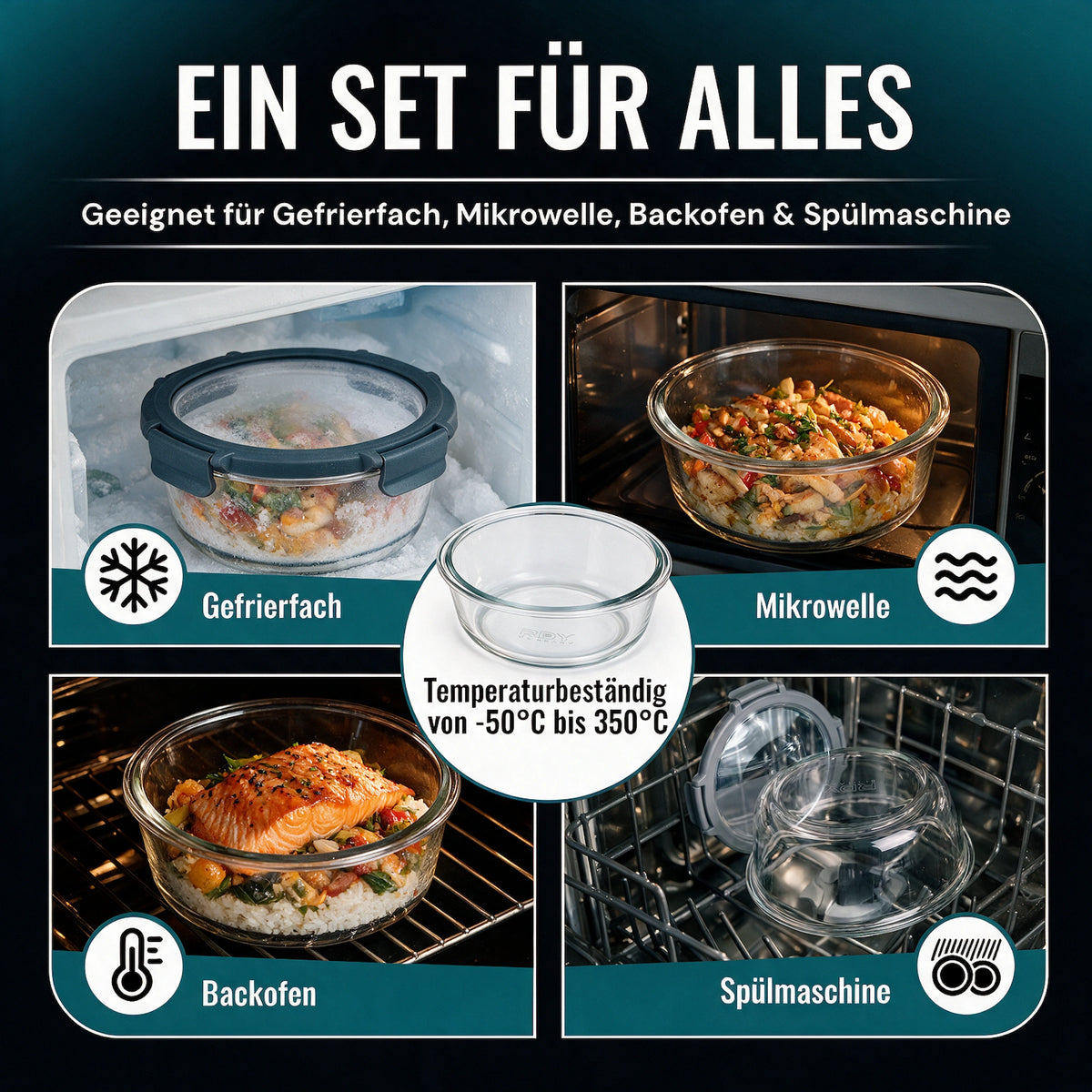 RDY® Meal Prep Boxen Glas 6er Set rund 3x 950 ml + 3x 400 ml – Glasdeckel