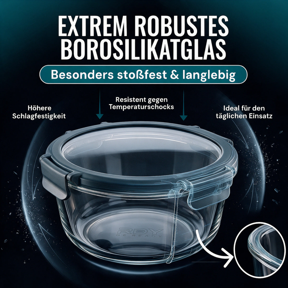 RDY® Meal Prep Boxen Glas 6er Set rund 3x 950 ml + 3x 400 ml – Glasdeckel