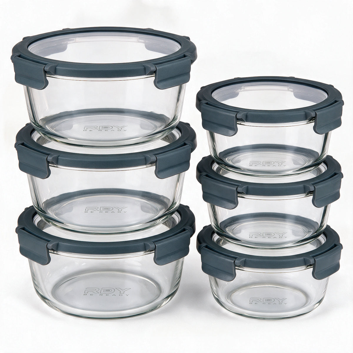 RDY® Meal Prep Boxen Glas 6er Set rund 3x 950 ml + 3x 400 ml – Glasdeckel