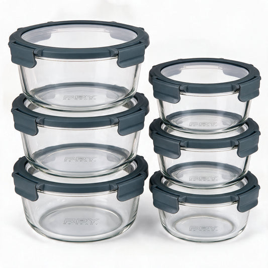 RDY® Meal Prep Boxen Glas 6er Set rund 3x 950 ml + 3x 400 ml – Glasdeckel